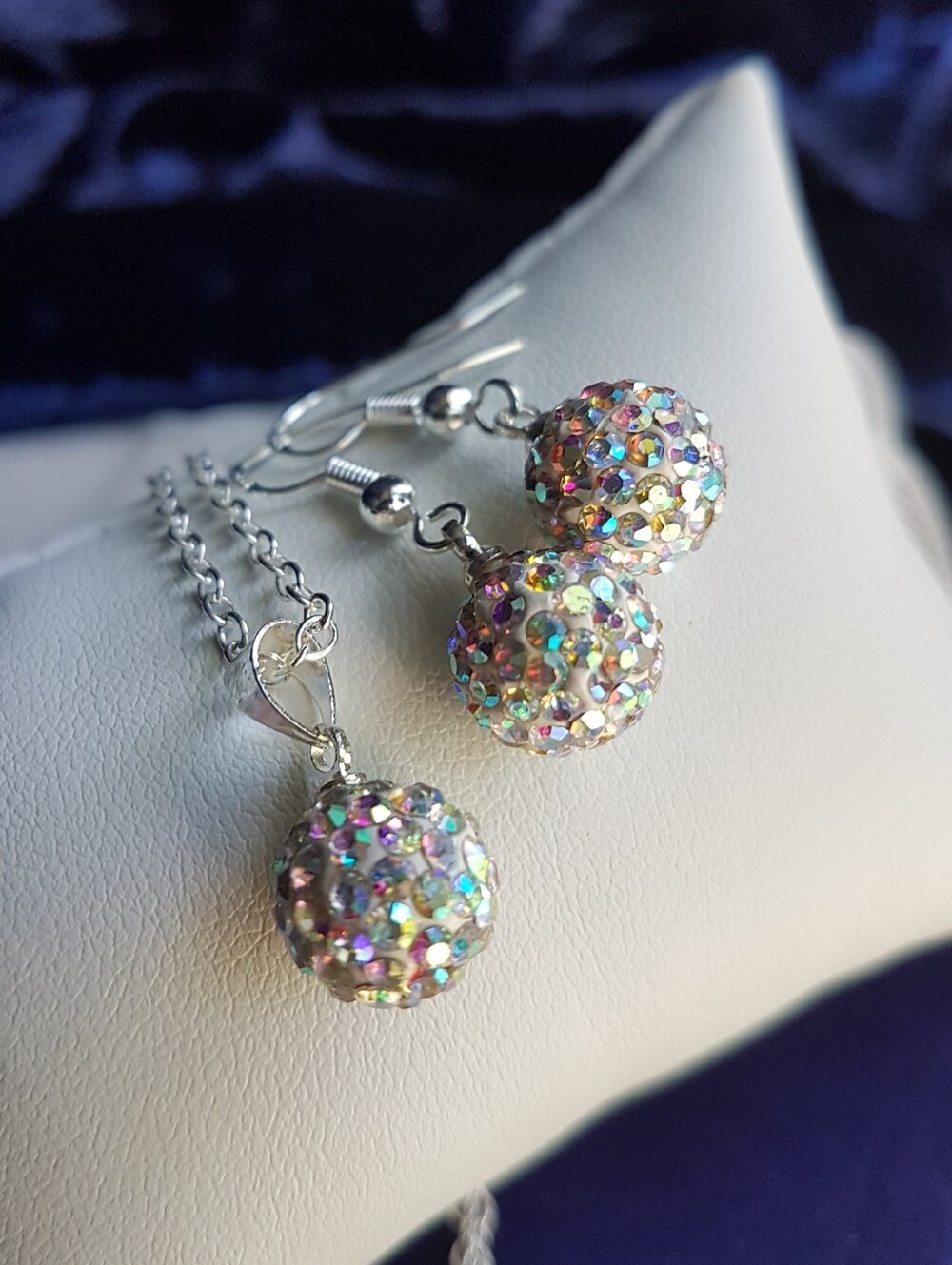 Swarovski Elements 925 Sterling Silver Aurora Borealis Disco Ball Necklace NEW - Picture 12 of 16